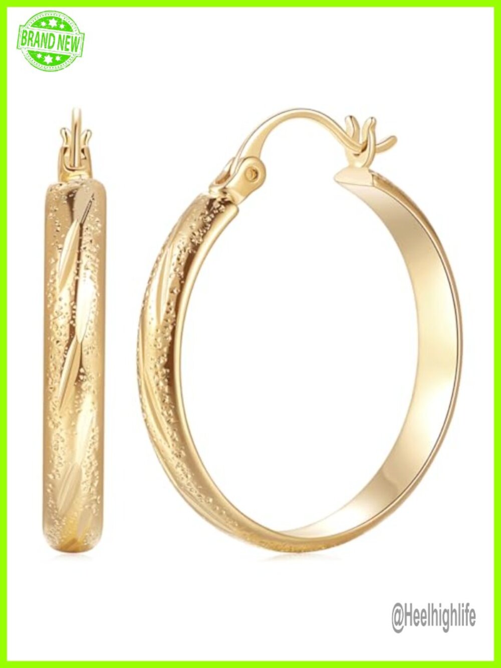 14K Gold Plated Wide Flat Hoop Earrings Latch Back 25mm